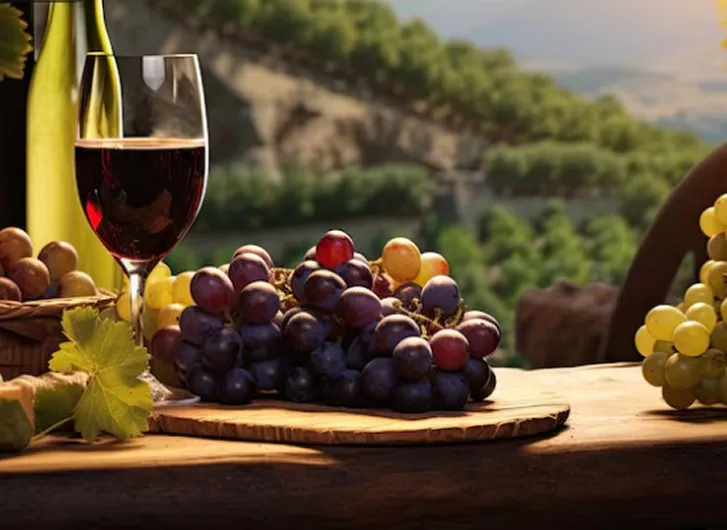 Copa de vino tinto junto a racimos de uvas moradas y amarillas sobre una mesa de madera rústica, con viñedos al fondo al atardecer.