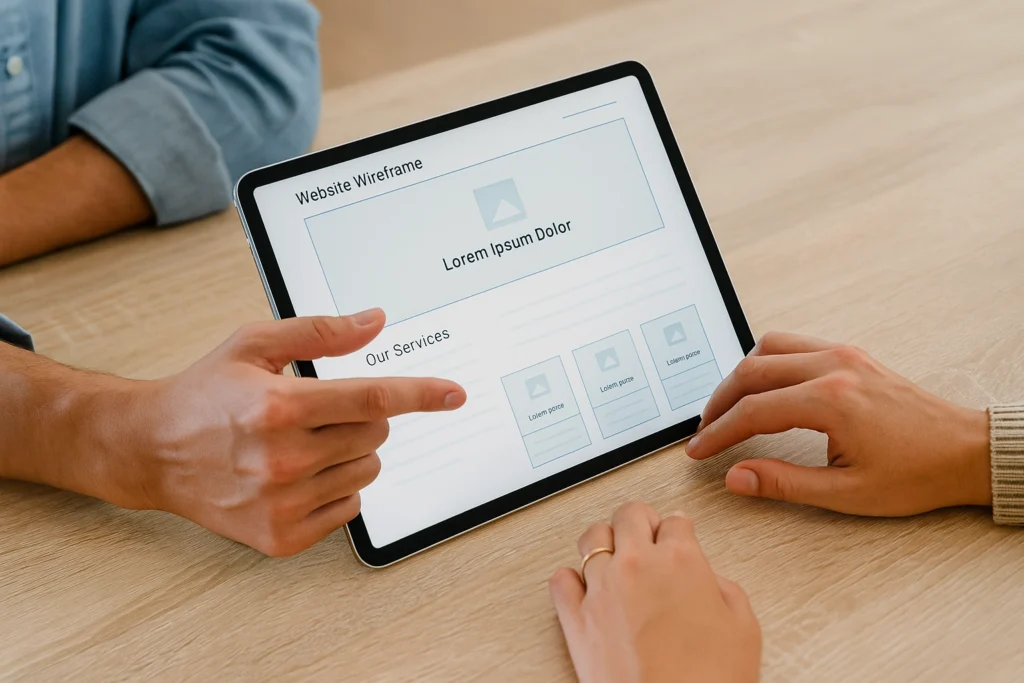 Vista previa de página web en tablet durante revisión final del diseño digital con código QR