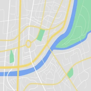 Ilustración estilo mapa urbano con calles, rotondas, ríos y zonas verdes, representando una ubicación genérica o ruta de navegación.