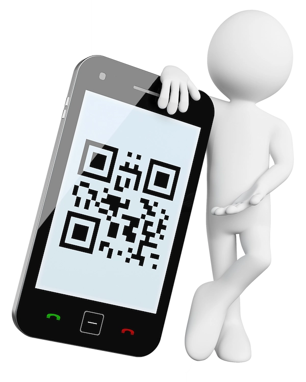 Imagen de código QR en móvil junto a personaje 3D
