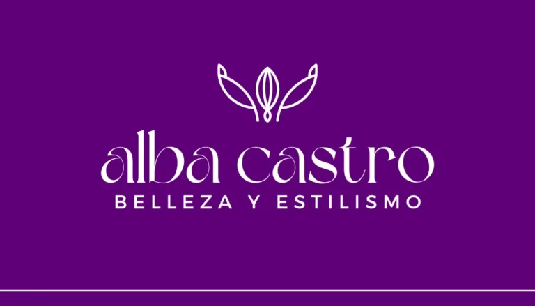 Logotipo de muestra de la peluquería "Alba Castro – Belleza y Estilismo", con fondo morado, tipografía elegante en blanco y un ícono floral minimalista.