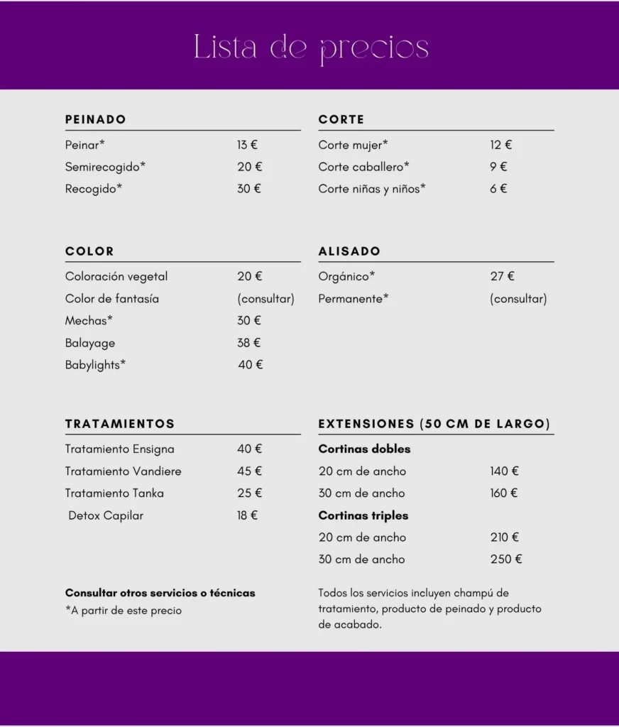 Lista de precios de muestra para servicios de peluquería: peinados, cortes, coloración, alisado, tratamientos y extensiones, con tarifas detalladas y diseño elegante en tonos morado y blanco.