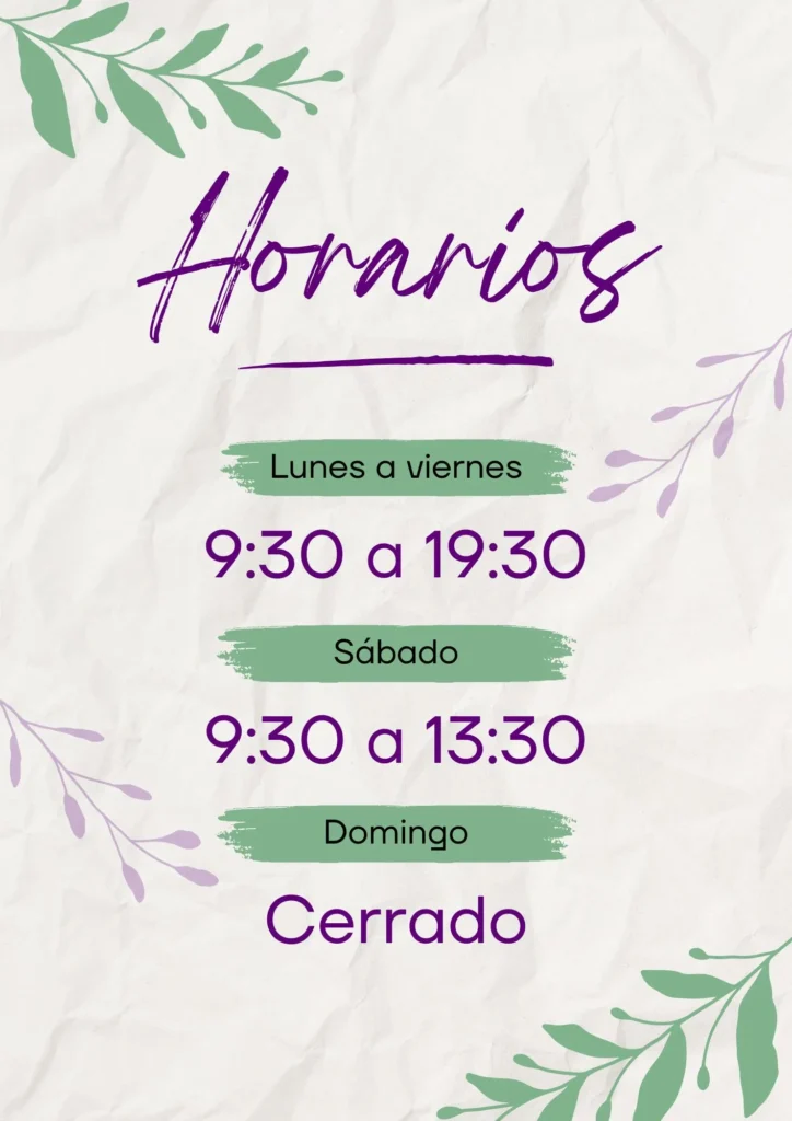 Imagen decorativa con los horarios de atención de una peluquería, de lunes a viernes de 9:30 a 19:30, sábado de 9:30 a 13:30 y domingos cerrado, en diseño floral con tonos verdes y lilas.
