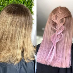 Transformación capilar antes y después: de cabello castaño natural a melena rosa pastel con trenza en forma de corazón, alisado y peinado profesional.