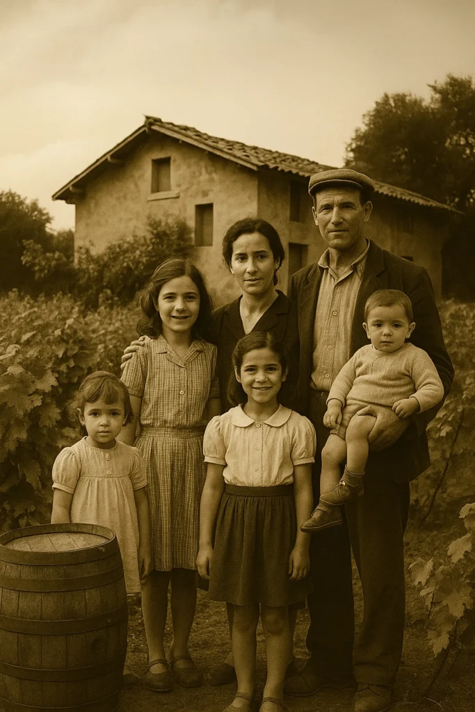 Familia fundadora de la bodega El Viso frente a casa rural con barrica